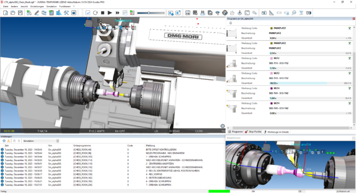 Screenshot SIM by Eureka Simulation mit Materialabtrag in Echtzeit - separate Zeitanalyse