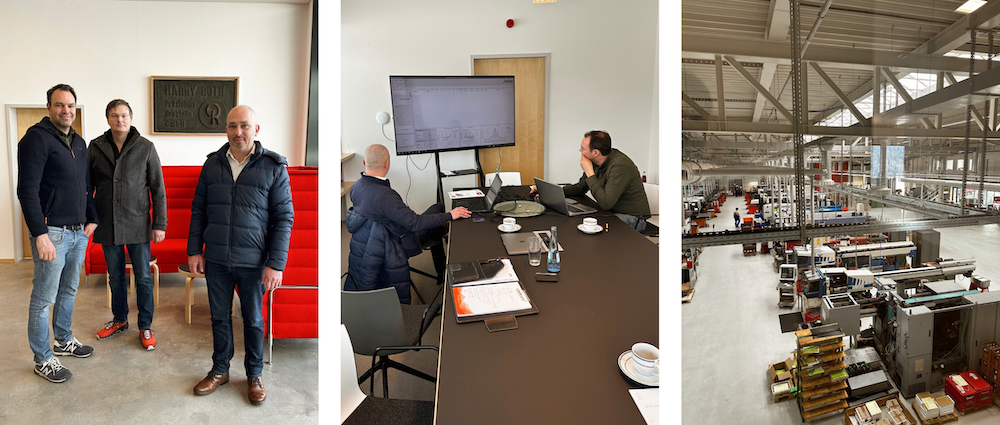 Collage: Gruppenbild, Meetingraum, Fertigungshalle